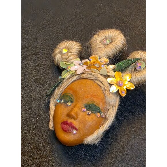 Handcrafted Face Brooch With Floral Accents & Rhinestones - Picture 6 of 10